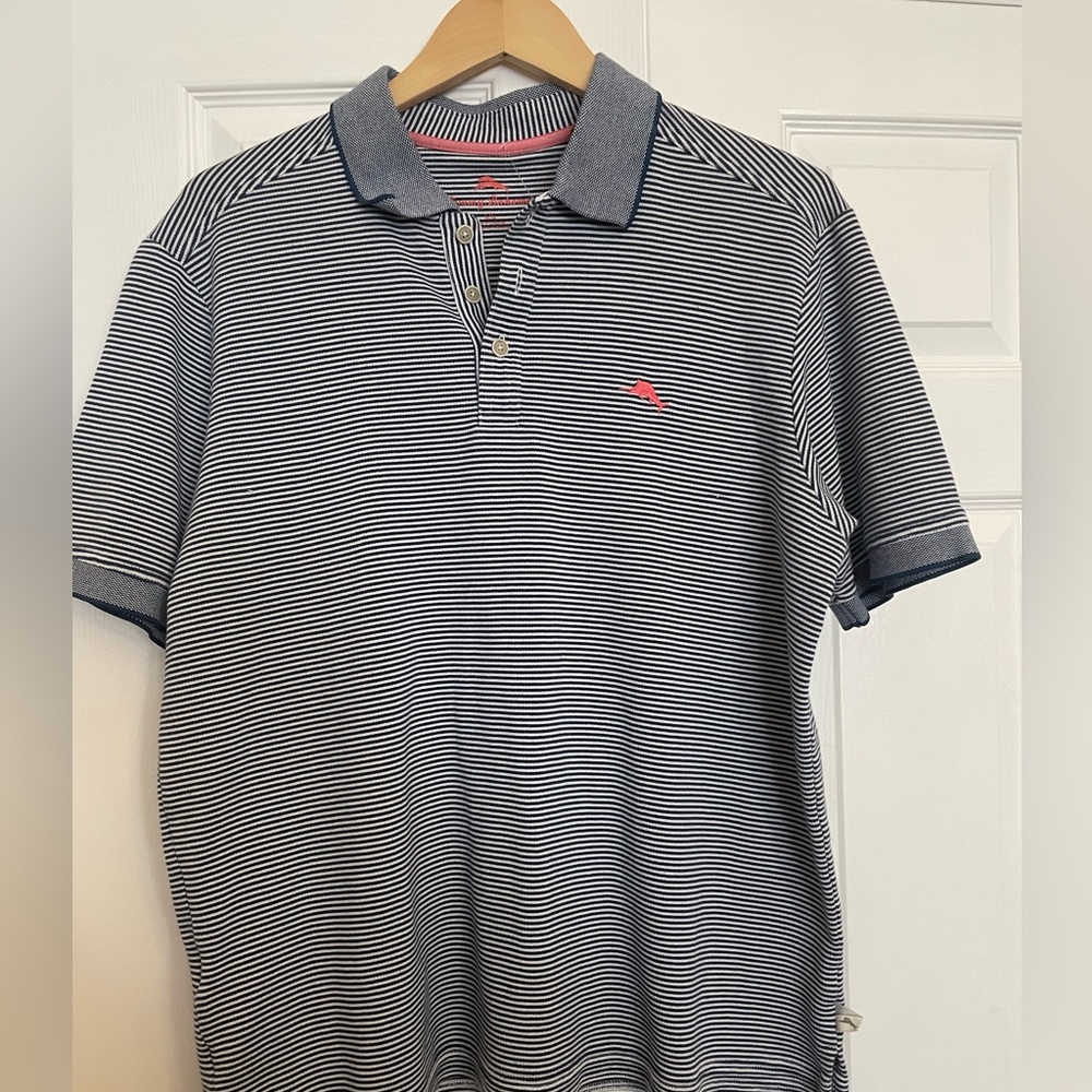 Tommy Bahama men’s polo shirt. Size Large. Blue striped shirt